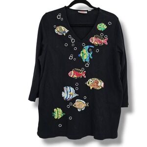 Quacker Factory Tropical Fish Sequin Rhinestone 3/4 Sleeve V-Neck Top Large